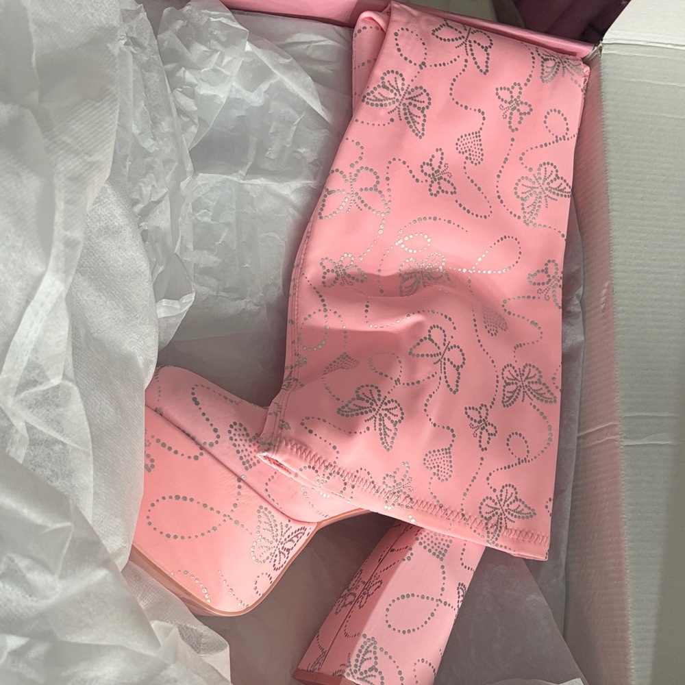 Pink Butterfly Print Platform Rave Boots